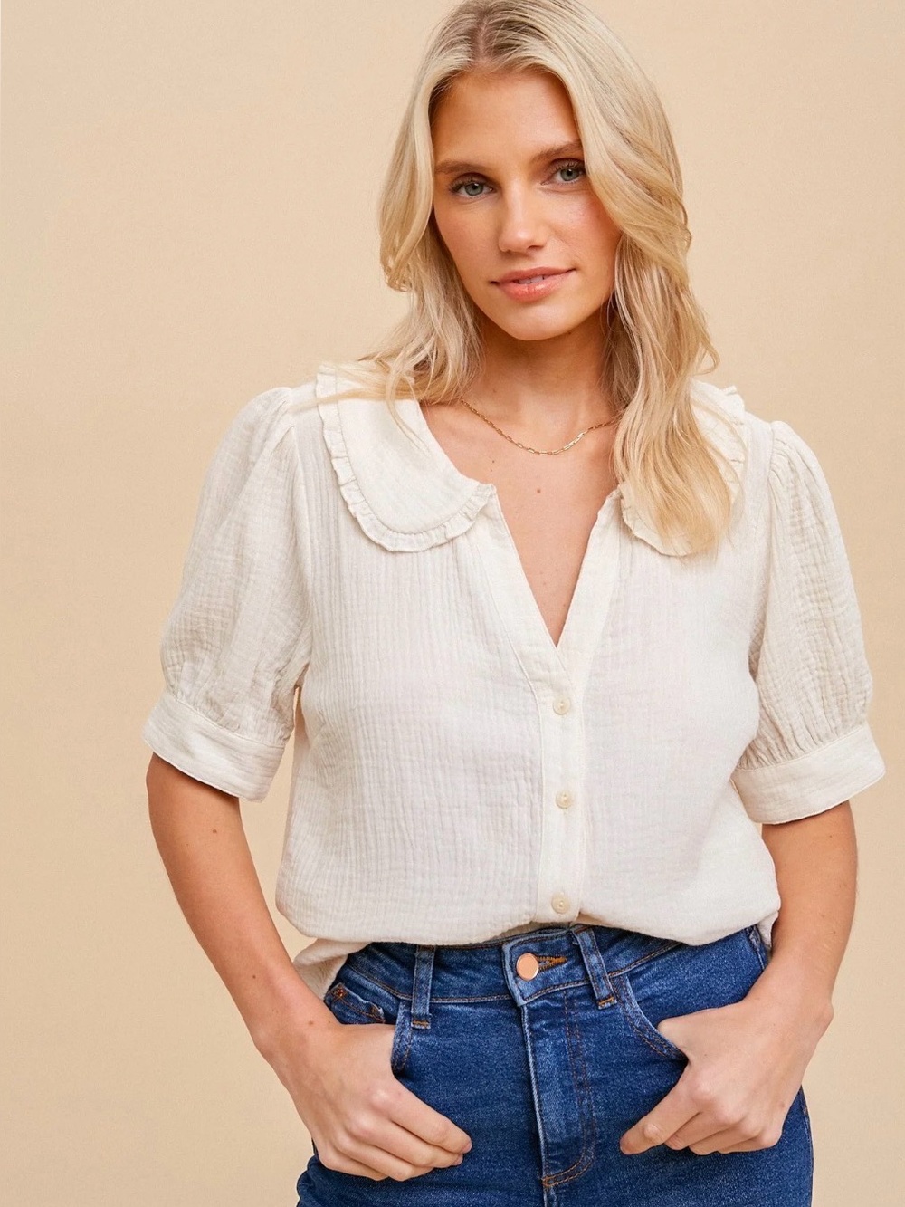 A729. Cream Button-Front Blouse with Peter Pan Collar